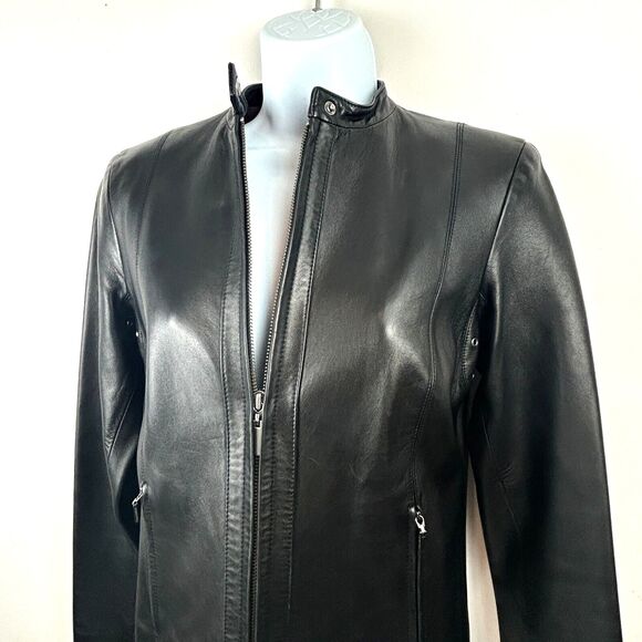 Cole Haan Women's Lambskin Leather Moto Biker Jacket Black Size XS - Picture 11 of 16